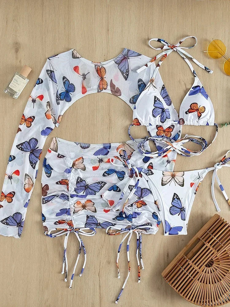 Long Sleeve Printed Halter Bikini