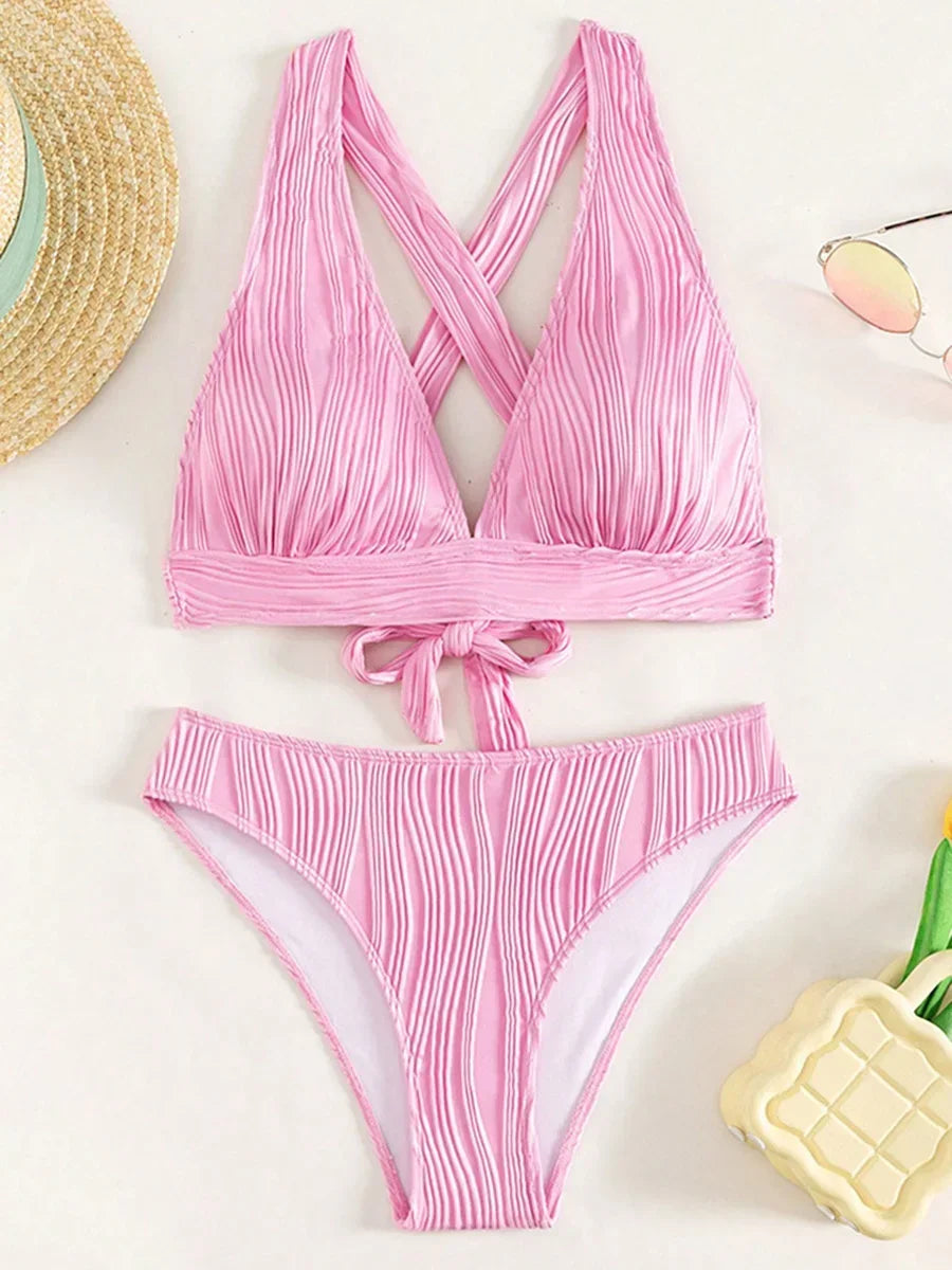 Wrinkled Crinkled Cross Back Bikini