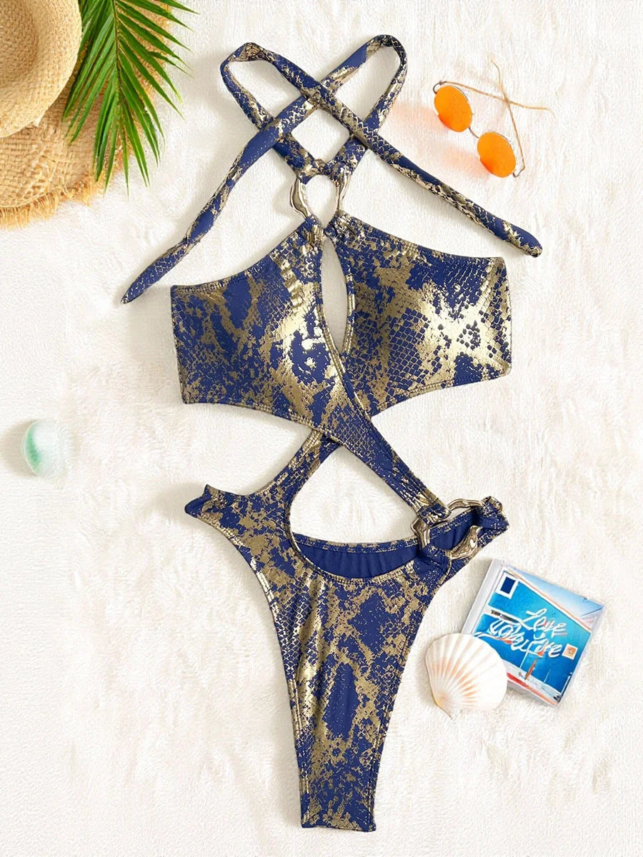 Sexy Tummy Cut Out Halter Women Thong Swimwear One Piece Swimsuit