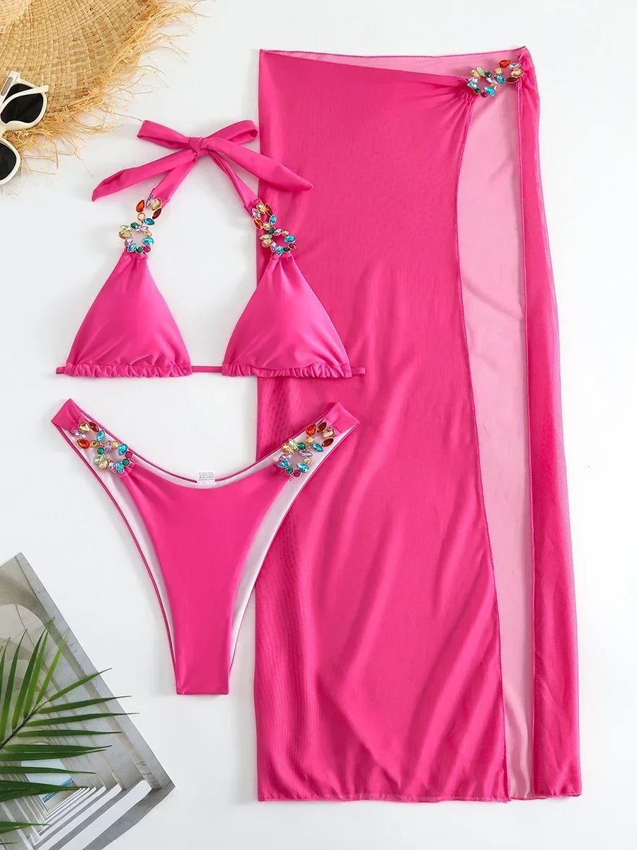 Mesh Skirt Halter Jewelled Diamond Bikini
