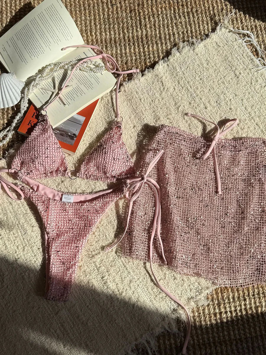 With Fishnet Sarong Skirt Halter Micro Bikini