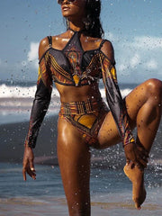 African Print Long Sleeve High Waist Bikini