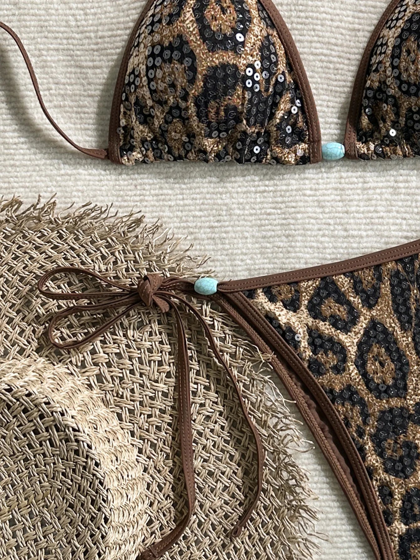 Sequin Brown Leopard Print Bikini Set