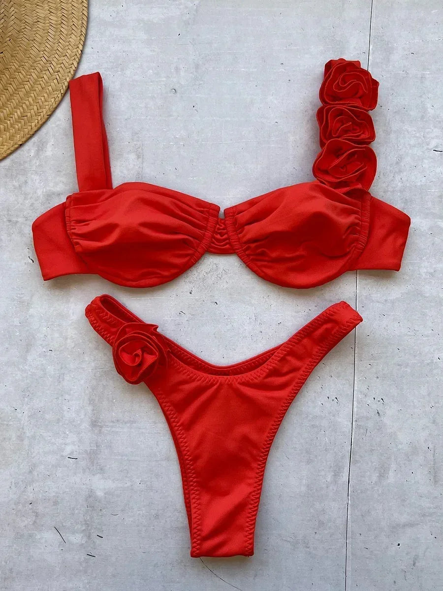 Sexy 3D Flowers Underwired Brazilian Bikini