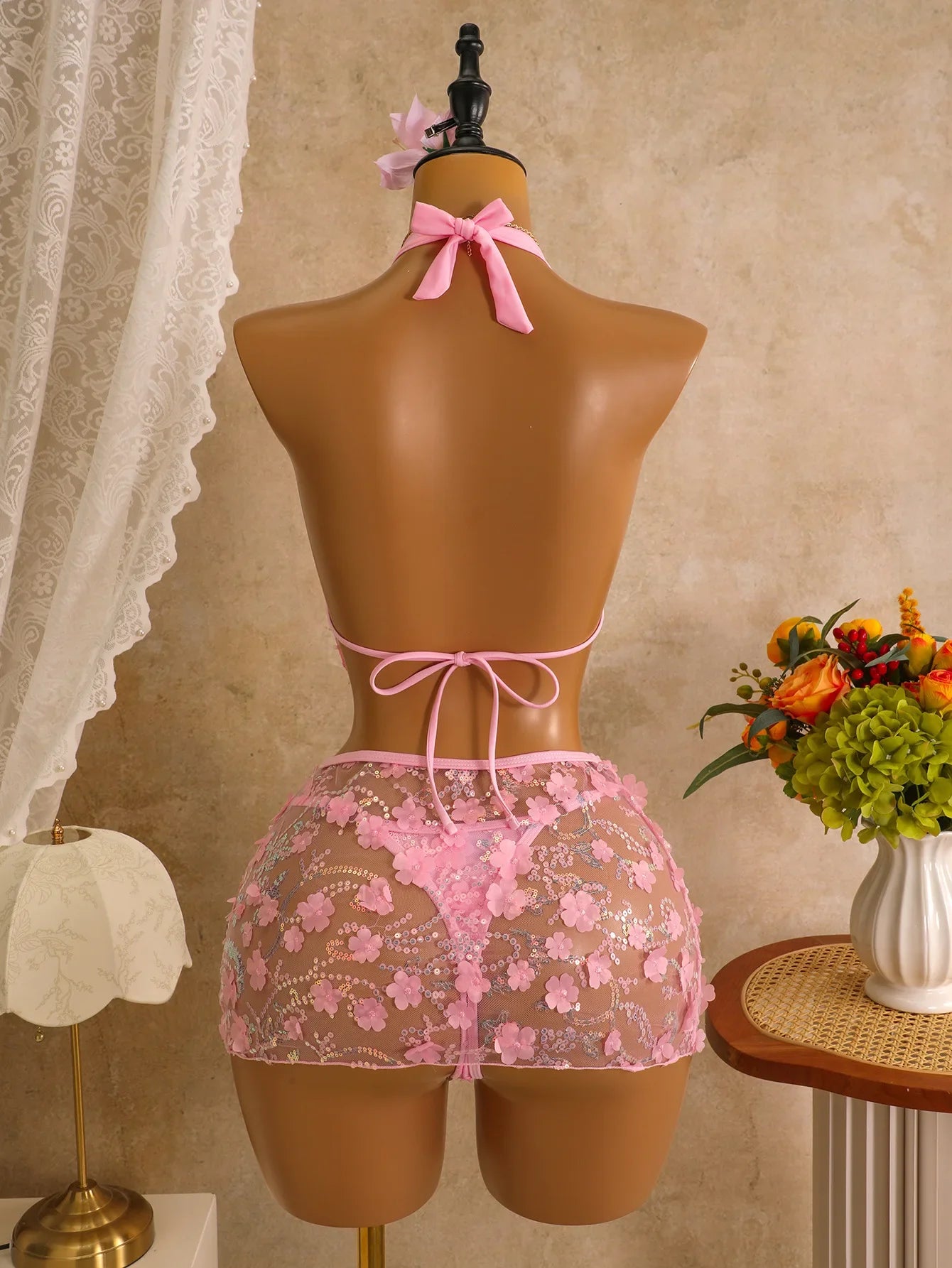 Sexy Mesh 3D Flower Cover Up 3 Piece Bikini Set