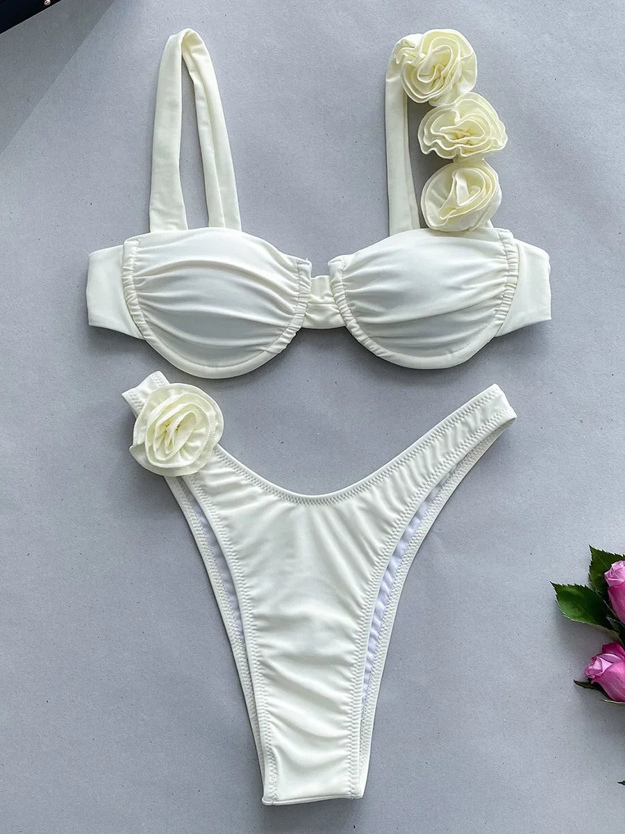 Sexy 3D Flowers Underwired Brazilian Bikini