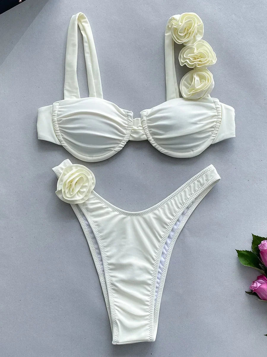 Sexy 3D Flowers Underwired Brazilian Bikini