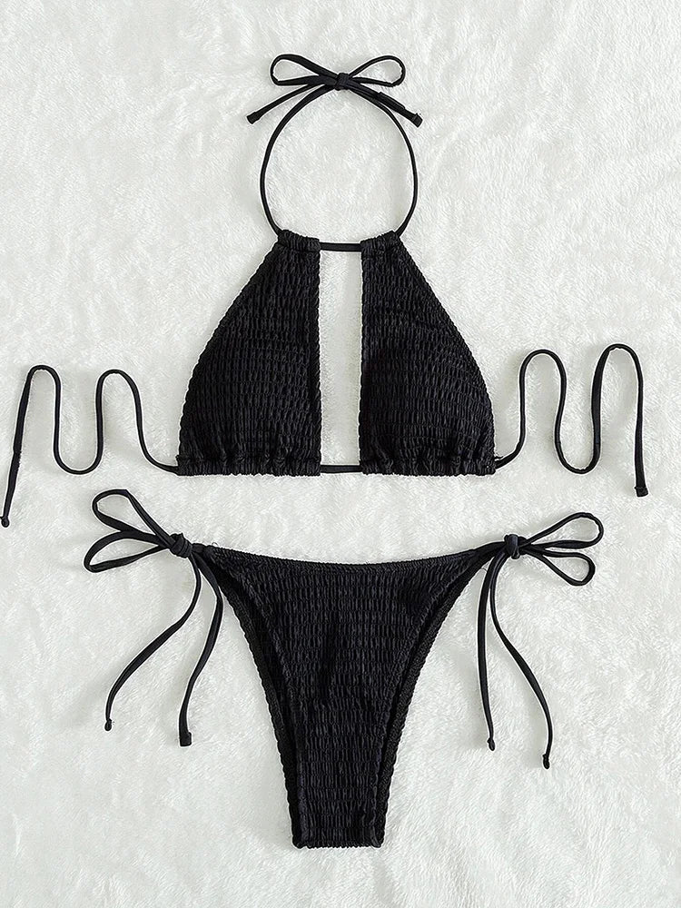 Halter Tie Side Hollow Out Smocked Bikini
