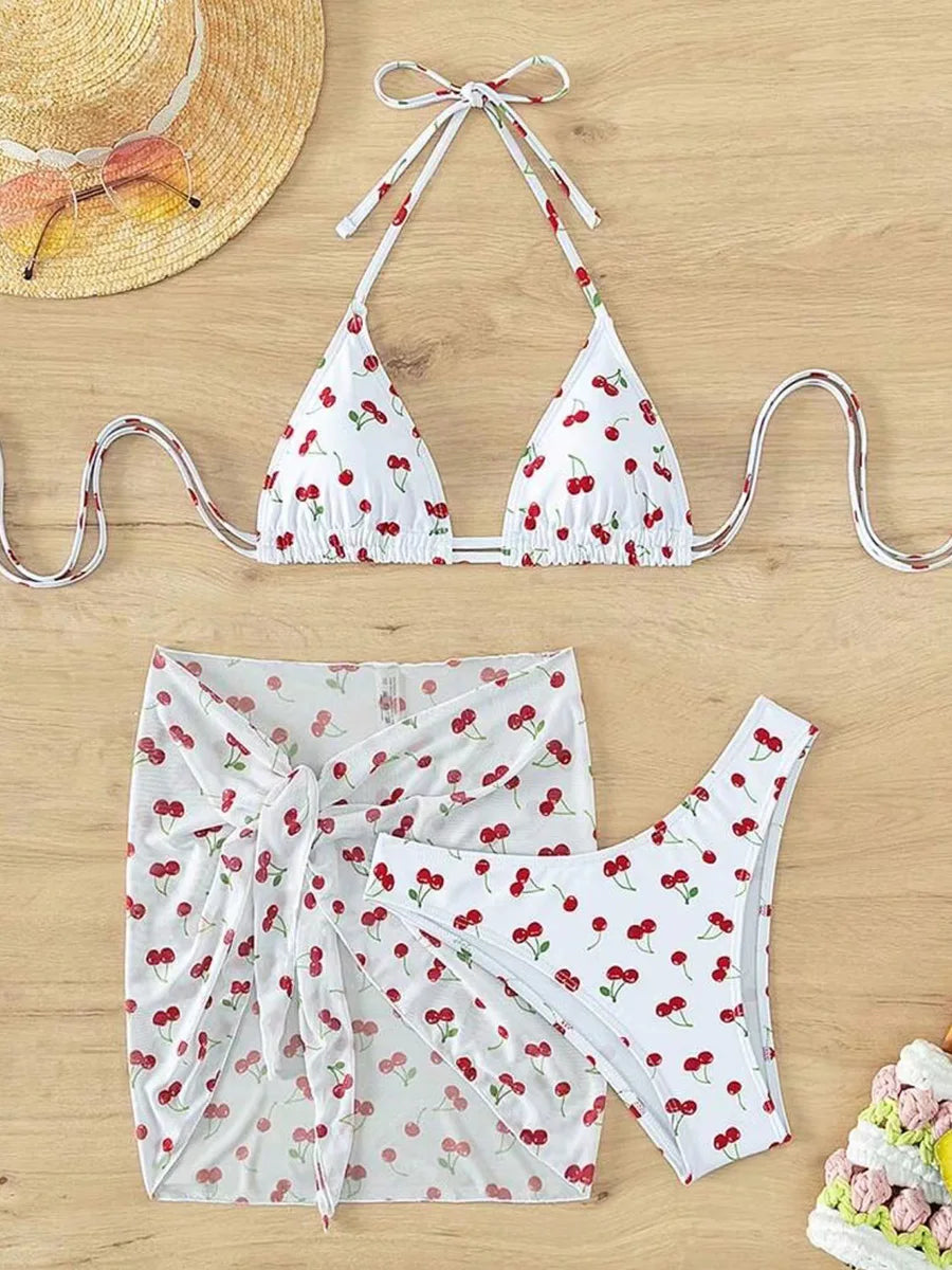 With Mesh Skirt Cherry Printed Bikini