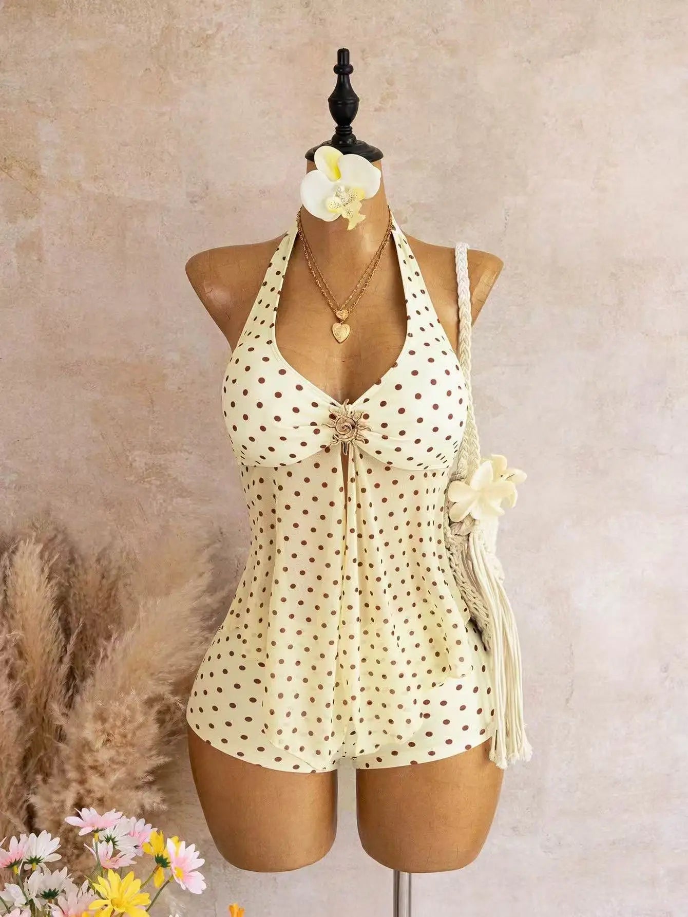 Vintage Yellow Polka Dot Print Bikini Set