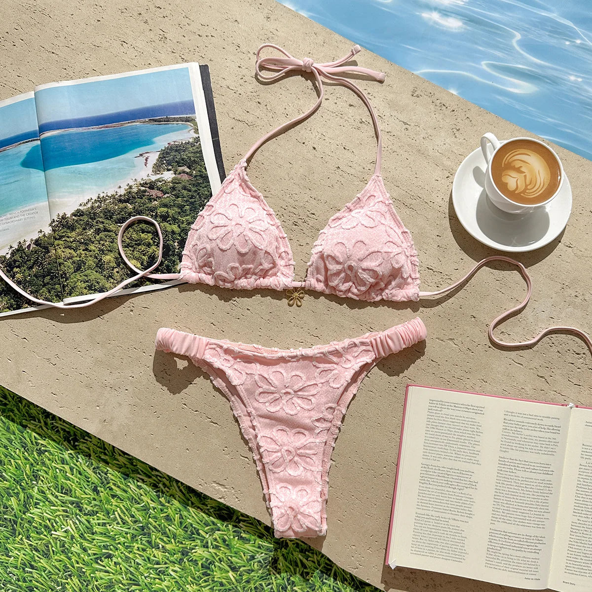 Sexy Yelllow 3D Flower Micro Bikini Set