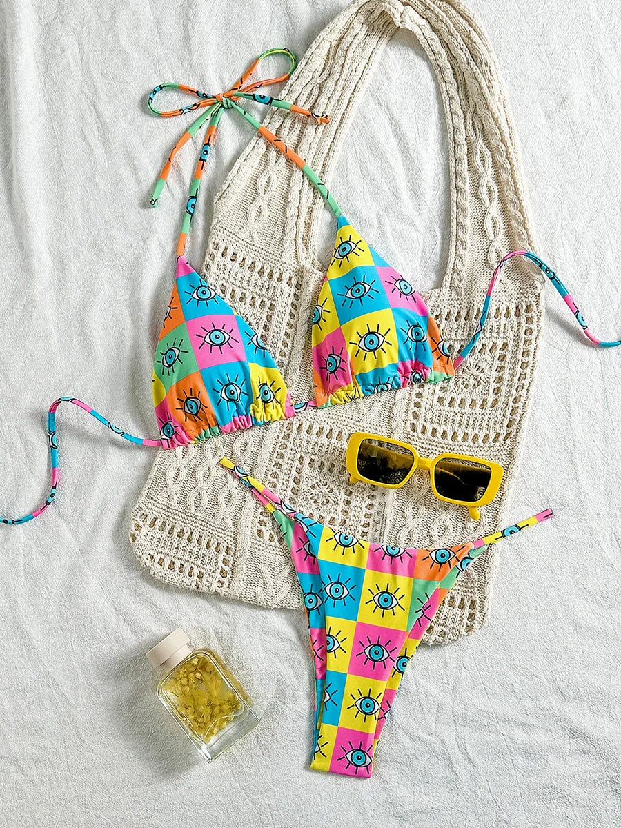 Colorful Printed Halter Bikini