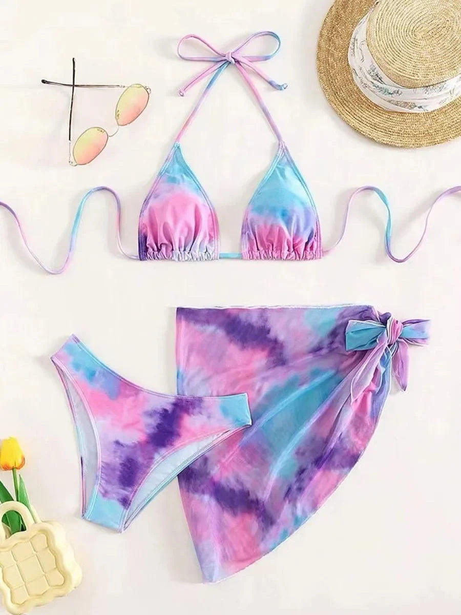 With Mesh Skirt Sarong Tie Dye Micro Bikini
