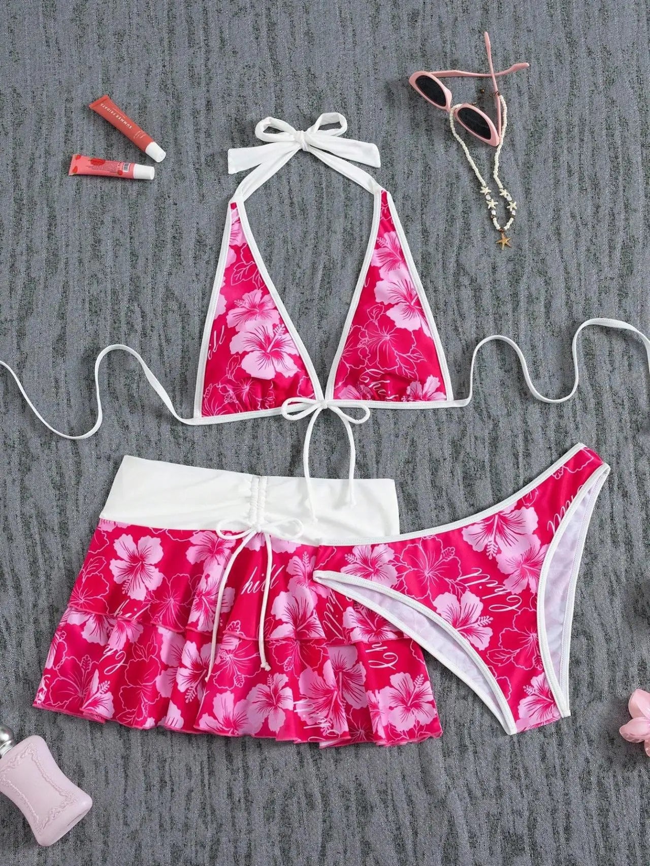 Vintage Pink Floral Print Contrast Bikini Set