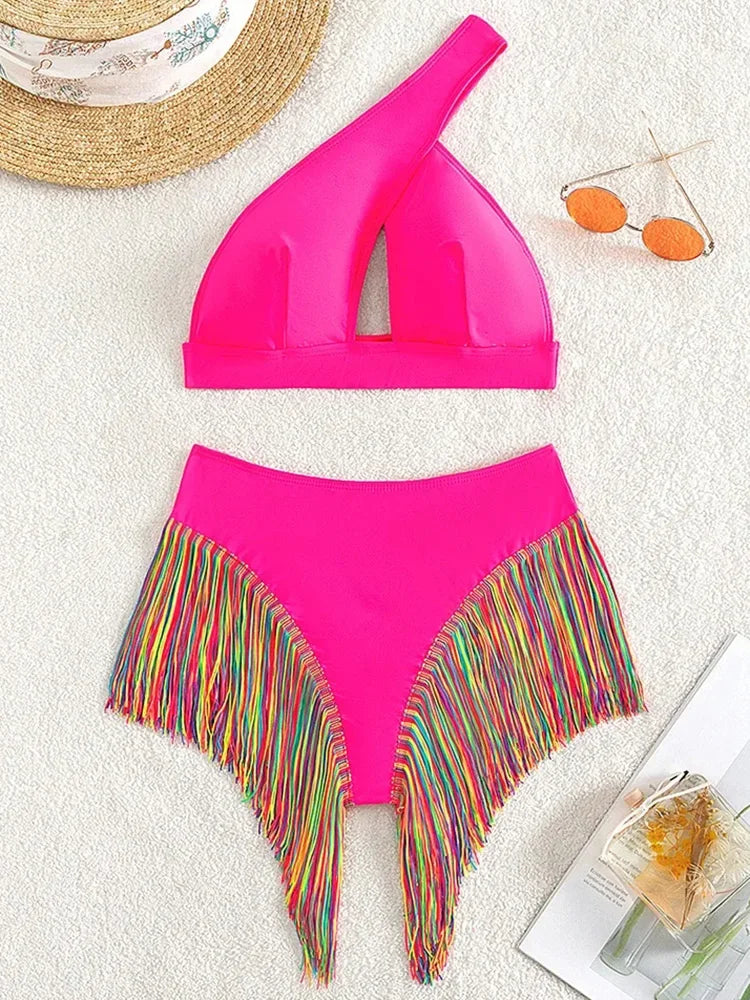 Fringe Tassel One Shoulder High Waist Bikini