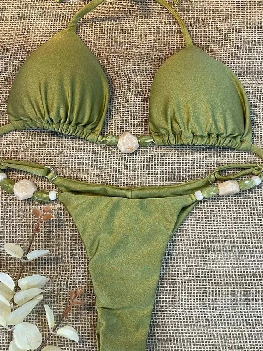 Shiny Halter High Leg Cut Beads Bikini