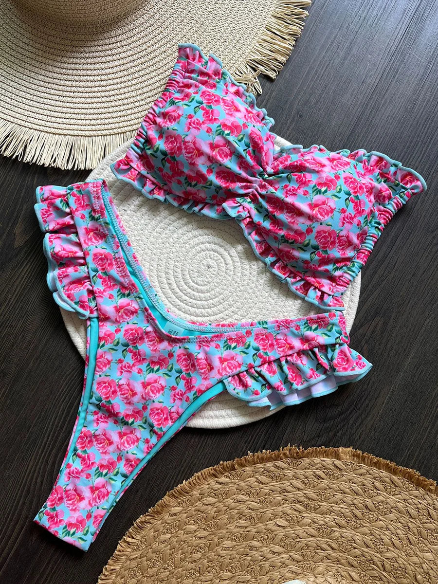 Flowers Print Ruffled Frilled Bandeau Bikini