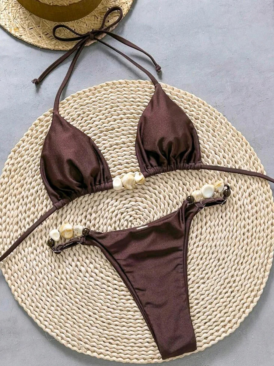 Shiny Halter High Leg Cut Beads Bikini
