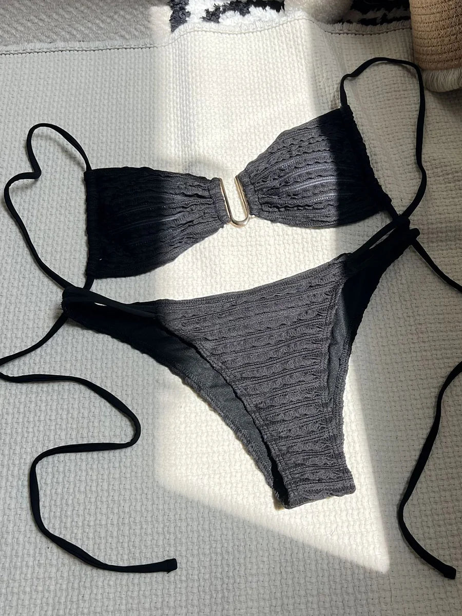 Wrinkled U Ring Bandeau Bikini