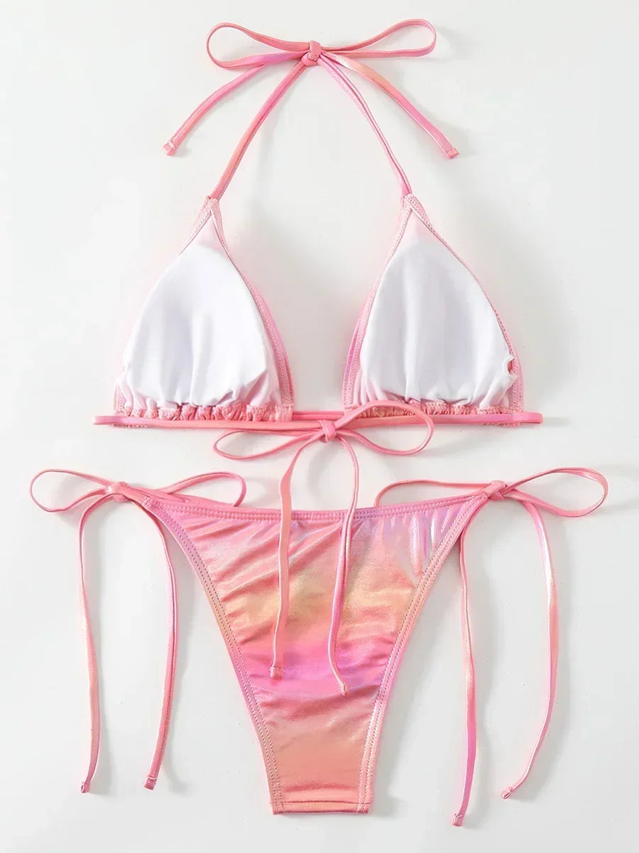 Gradient PU Faux Leather Halter Strappy Bikini