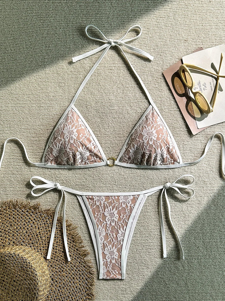 Embroidery Mesh Lace Halter Bikini