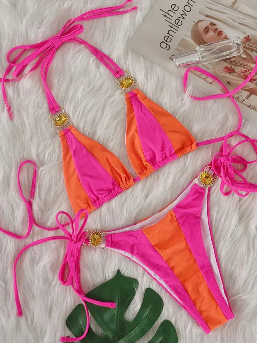 Splicing Halter Jewelled Diamond Bikini