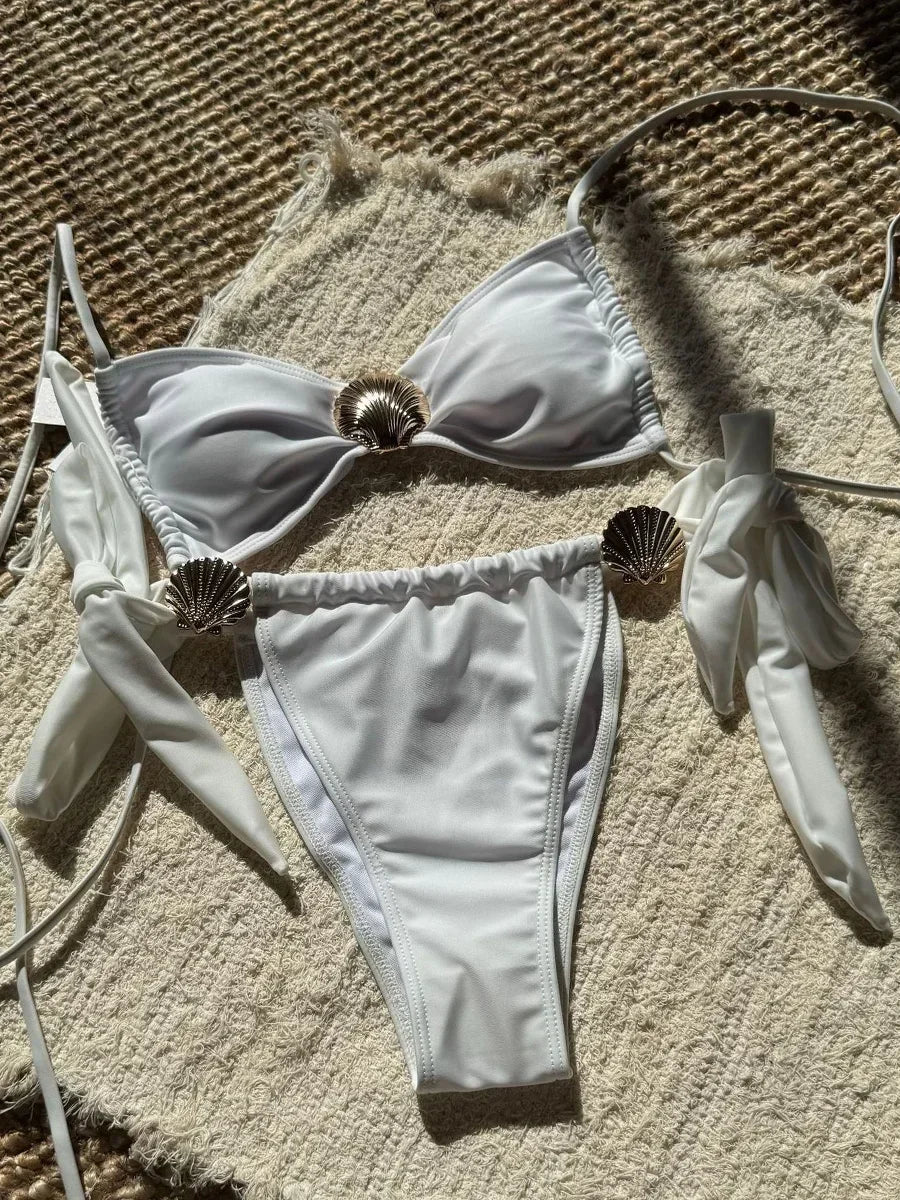 Metal Shell Halter Strappy High Cut Bikini