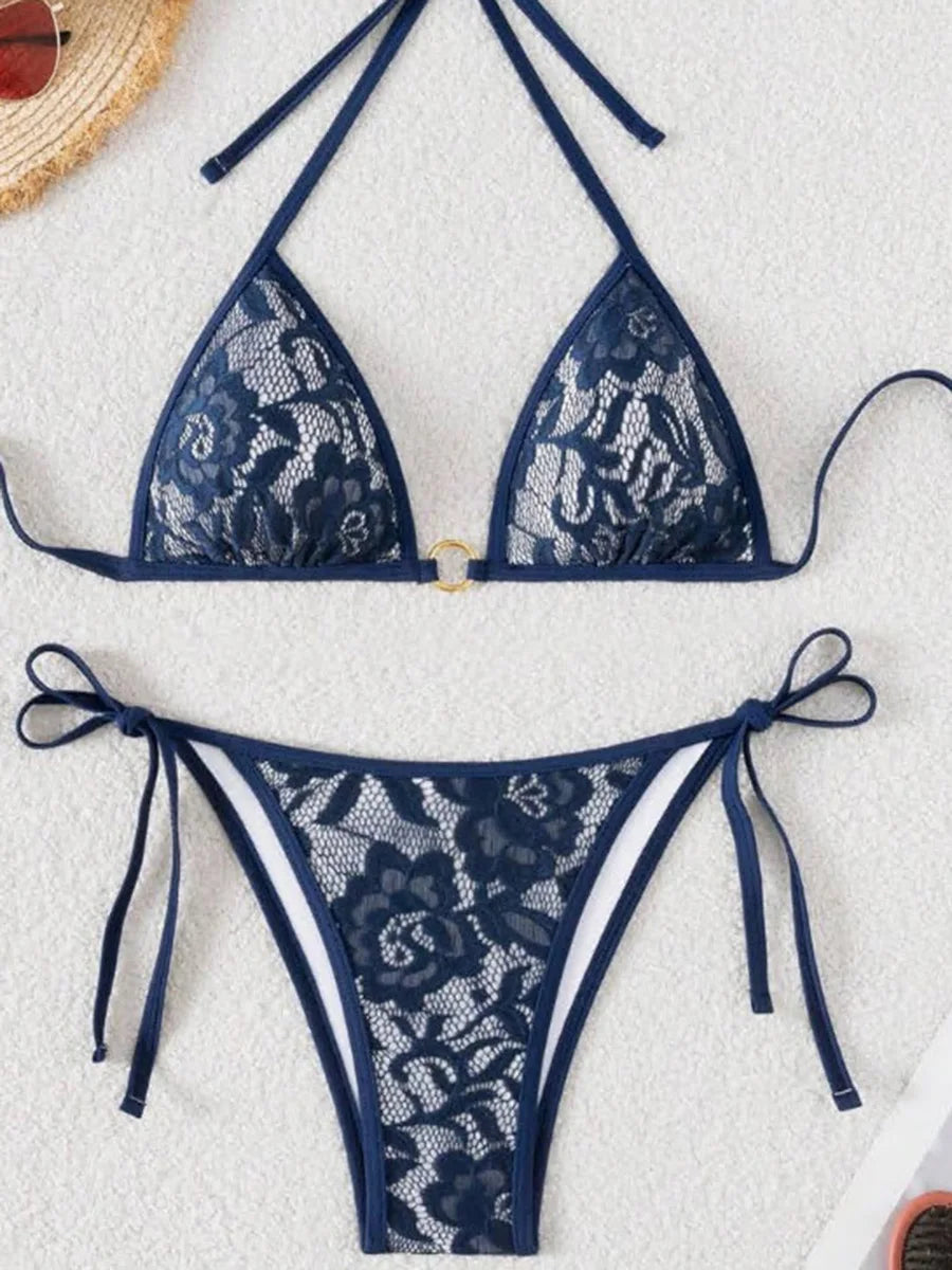 Embroidery Mesh Lace Halter Bikini