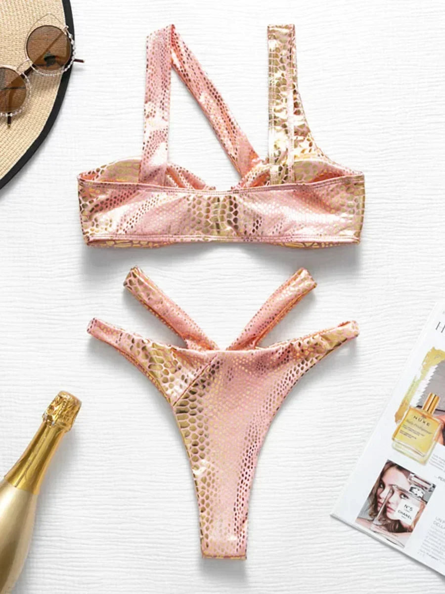 Asymmetric Shiny Snake Skin Thong Bikini
