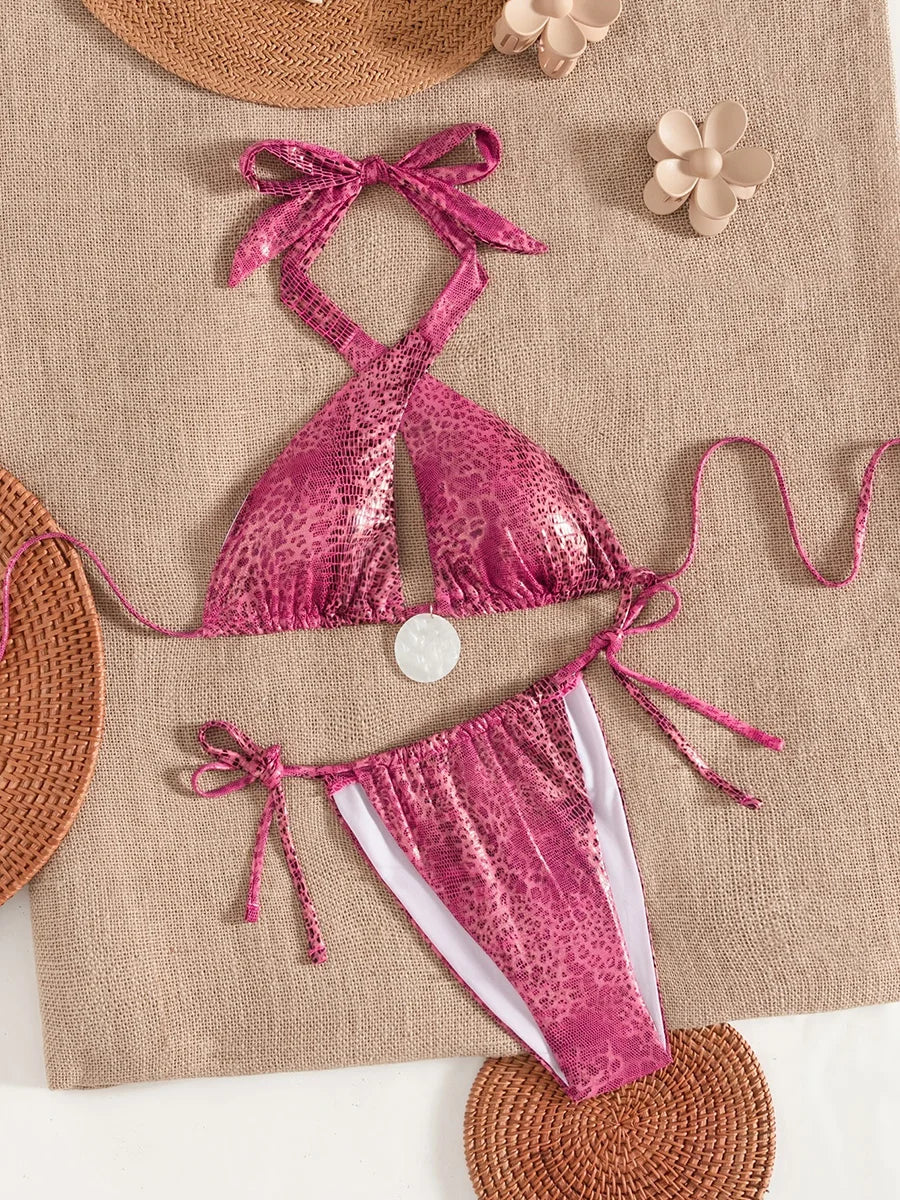 Snake Skin Halter Hollow Out Bikini