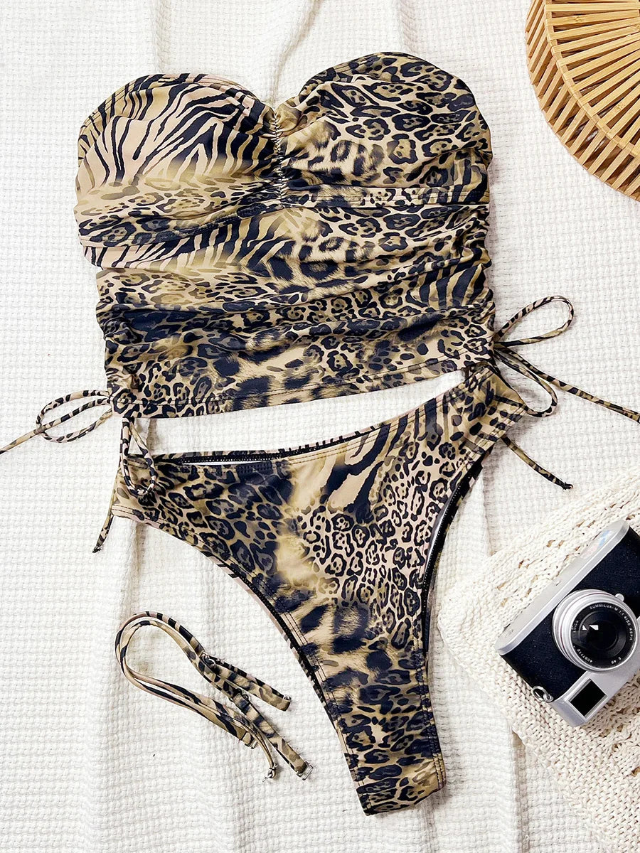 Leopard Tankini Bandeau High Cut Bikini