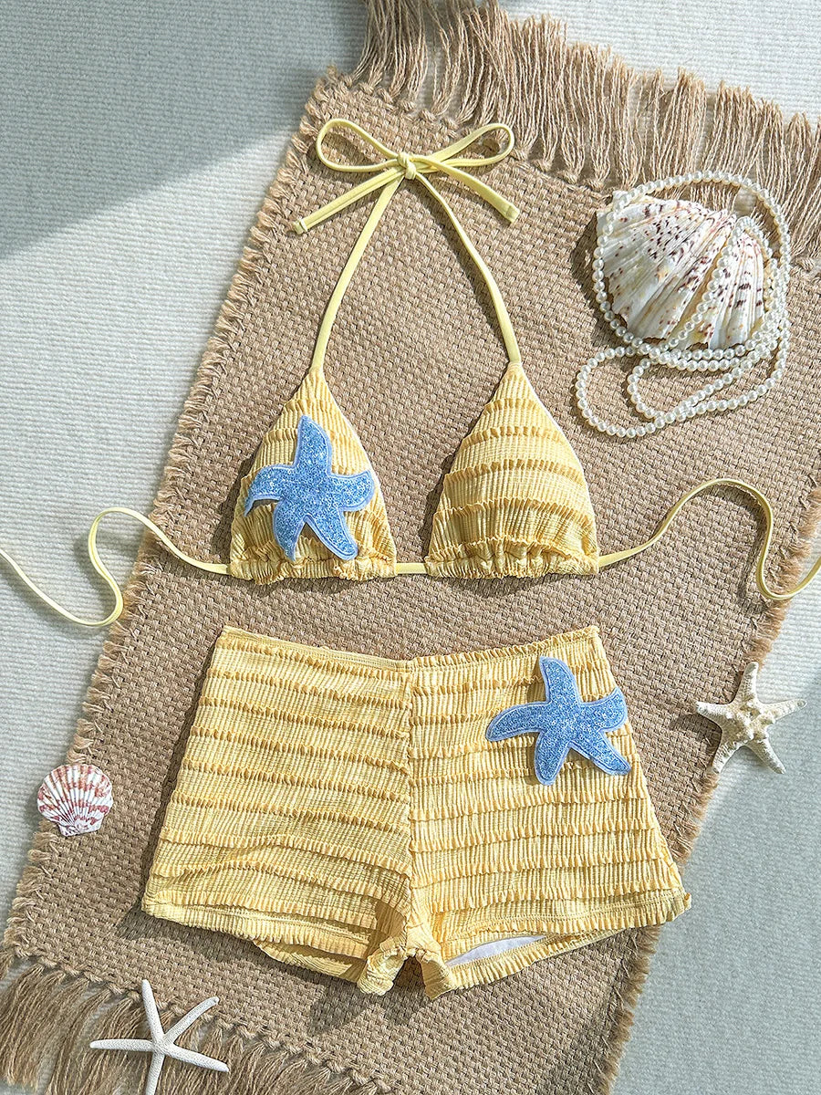 Sequins Starfish Halter Wrinkled High Waist Bikini