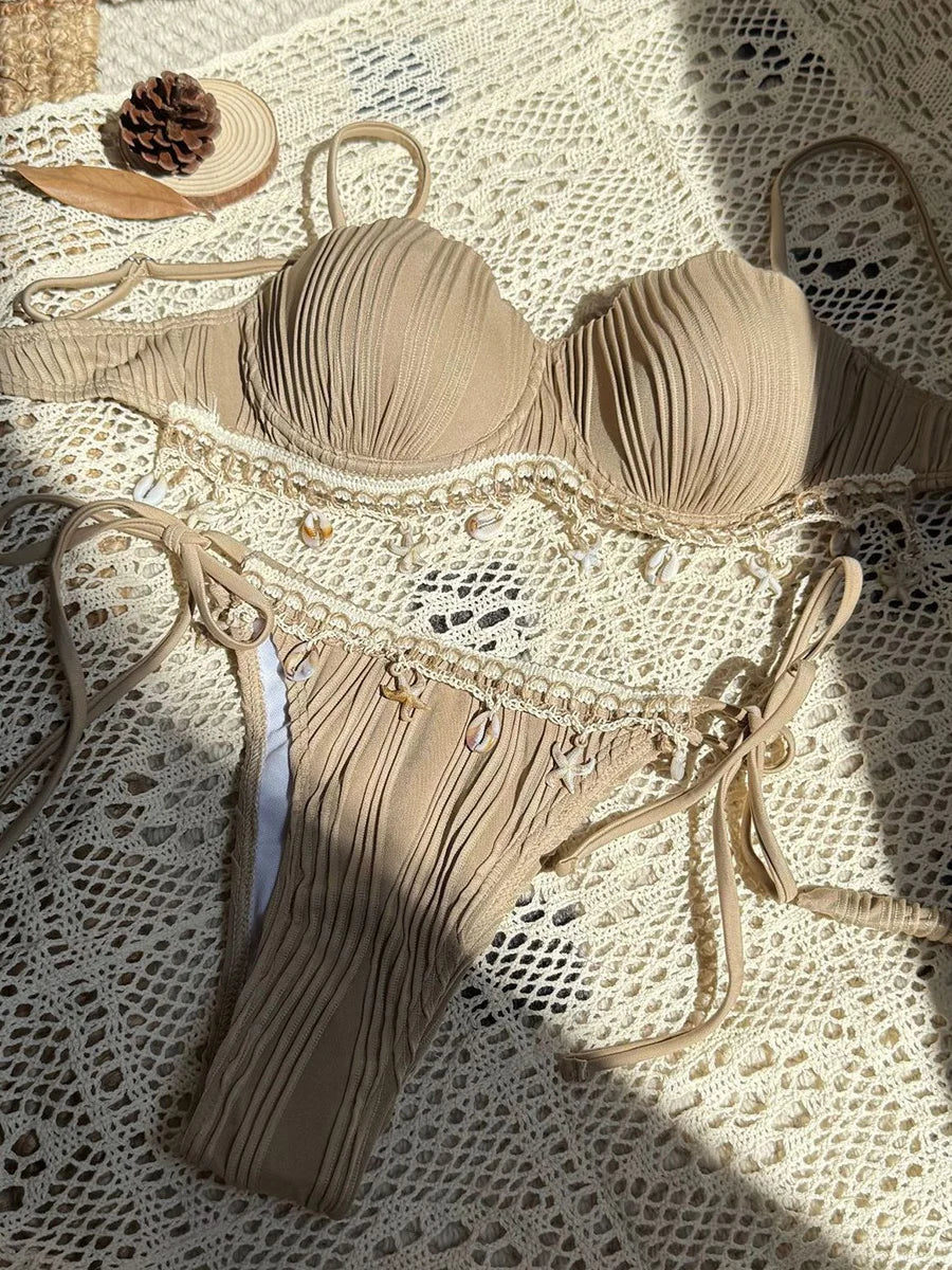 Shell Scalloped Wrinkled Underwired Bra Cup Bikini