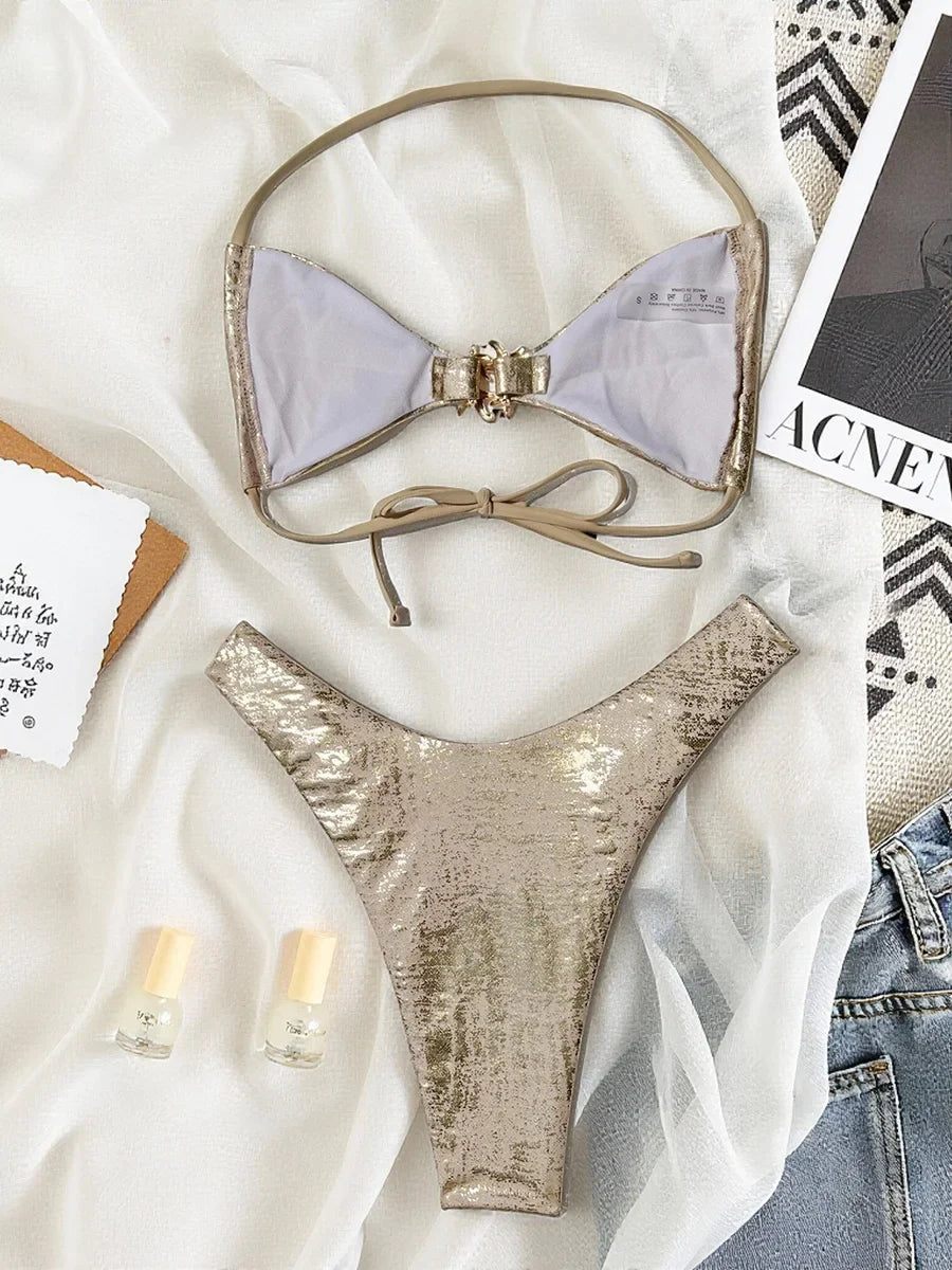 S - XL  Sparkling High Cut Halter Bikini