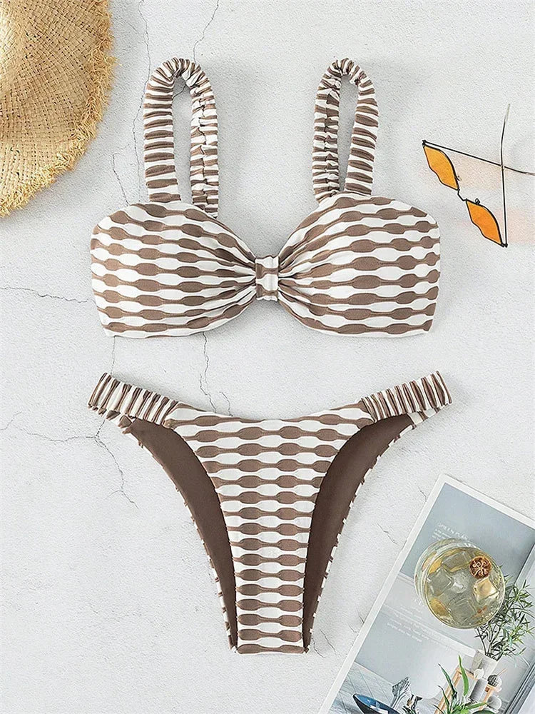 Sexy Khaki Plaid Print Bikini
