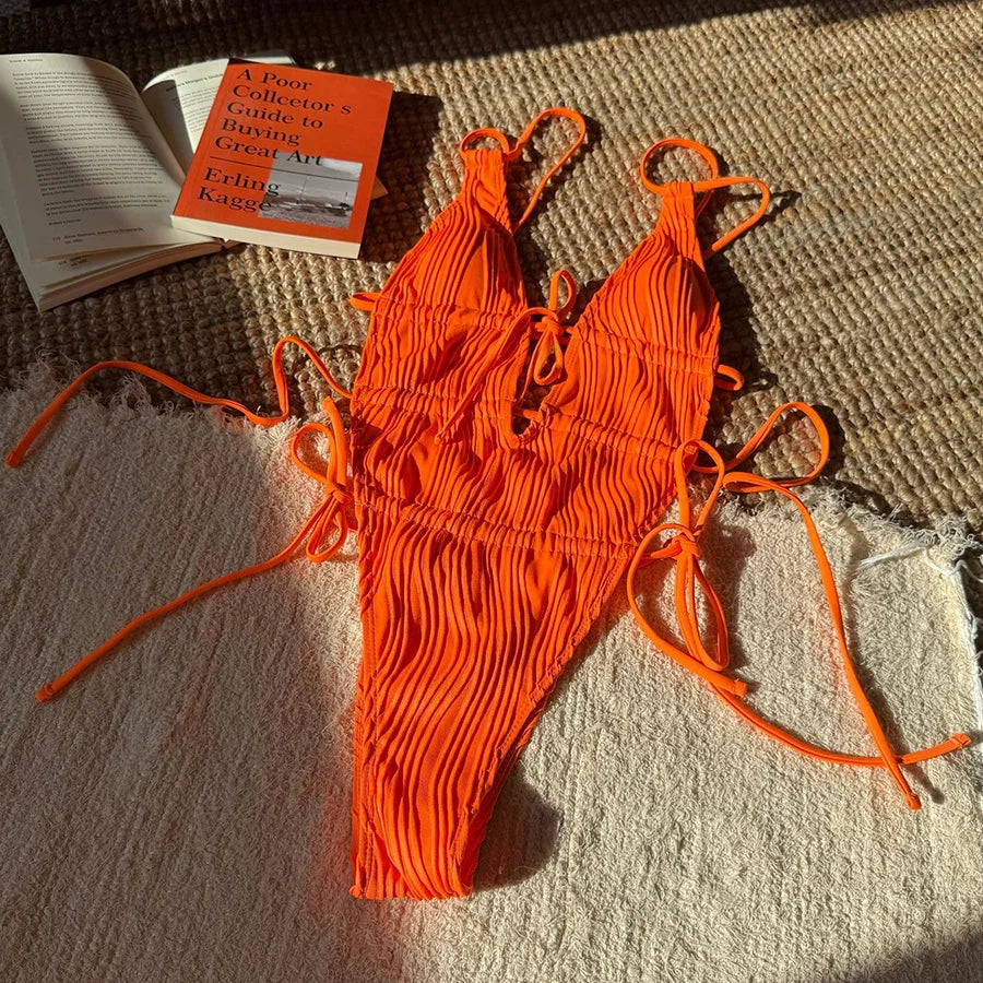 Deep V Neck Halter Wrinkled Female Swimwear One Piece Swimsuit