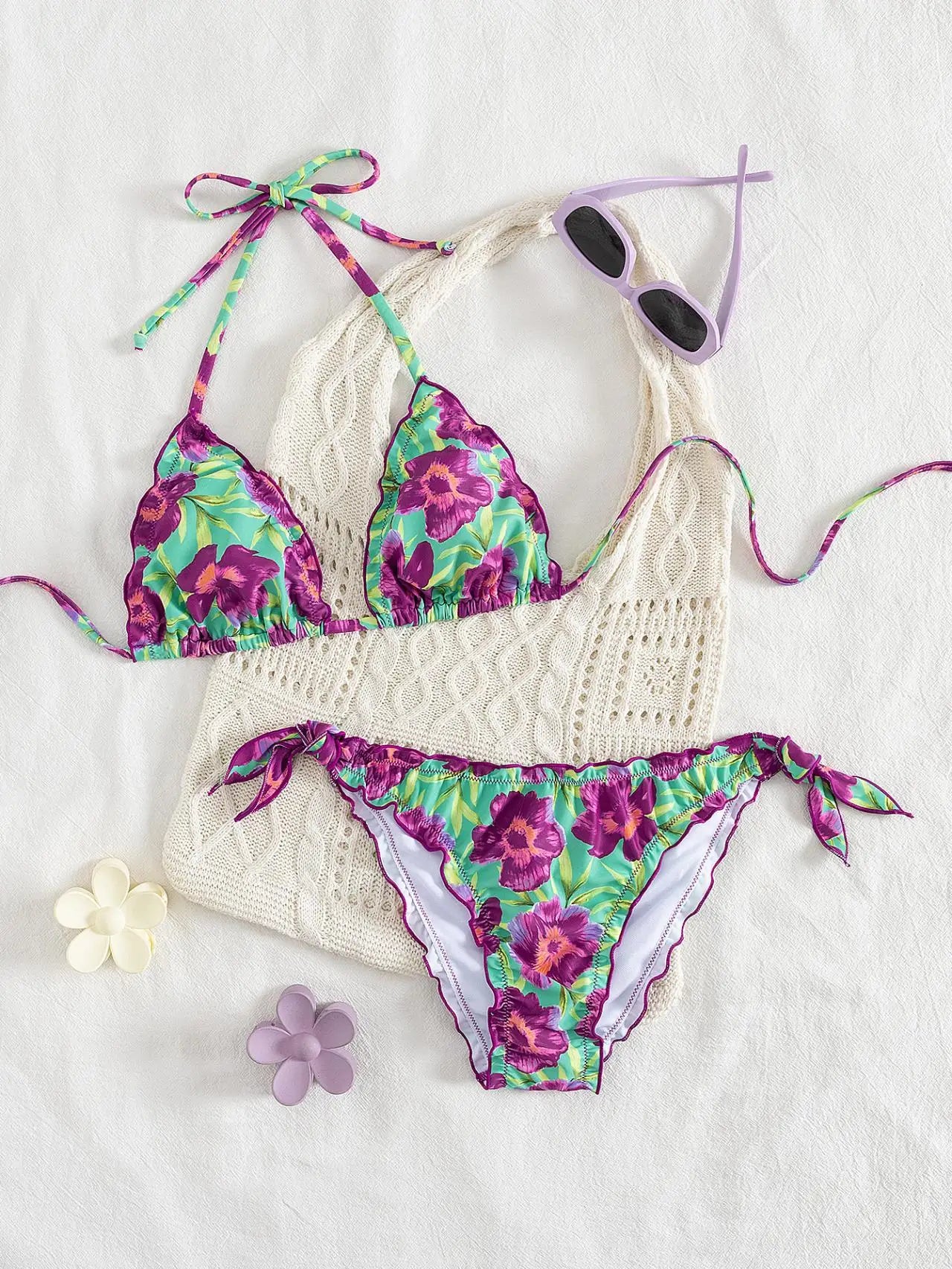 Cute Orange Floral Print Bikini Set