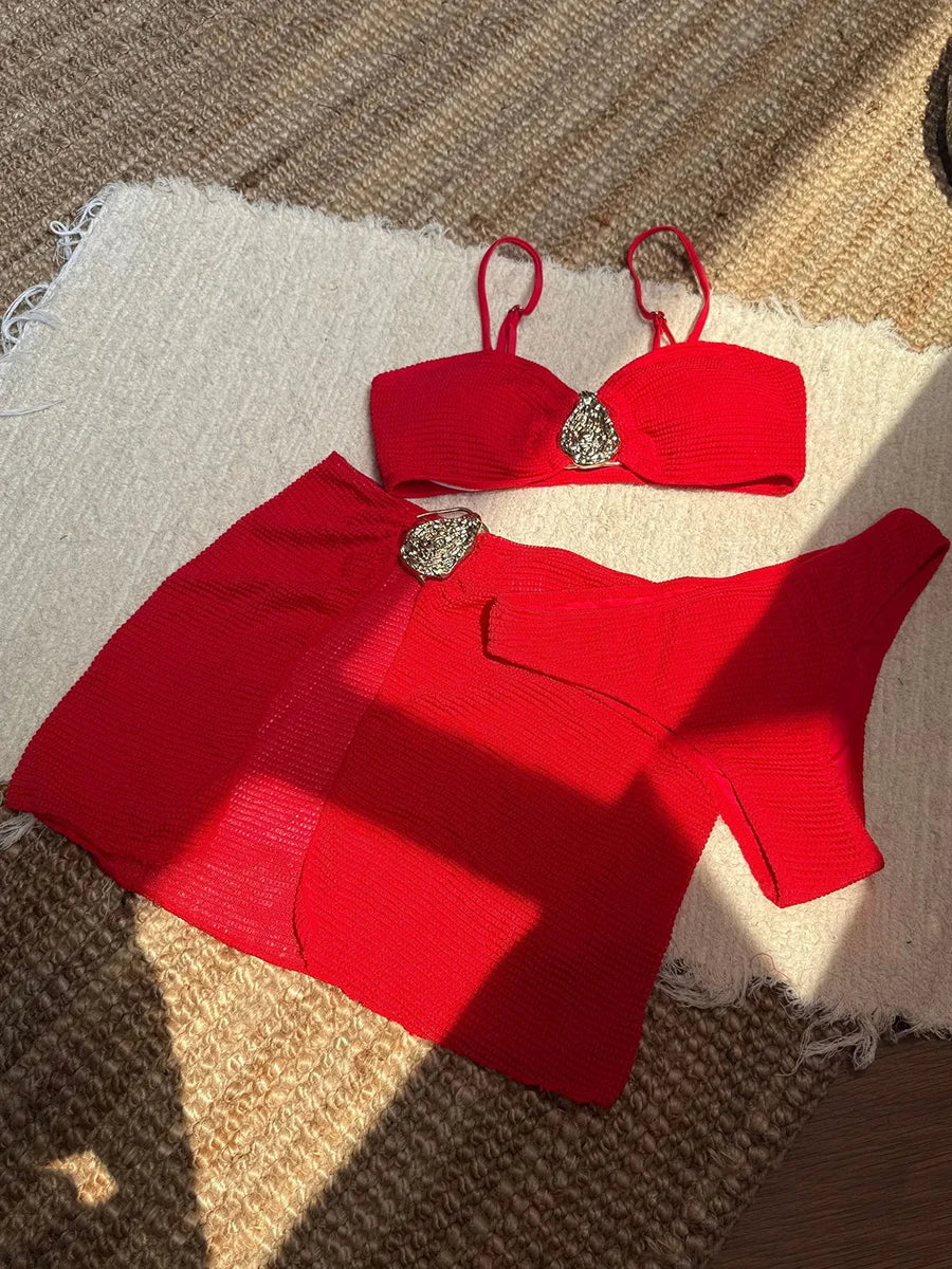 With Skirt Wrinkled Bandeau Bikini