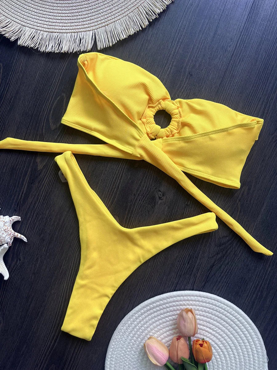 Floral Printed Wrinkled Bandeau Bikini