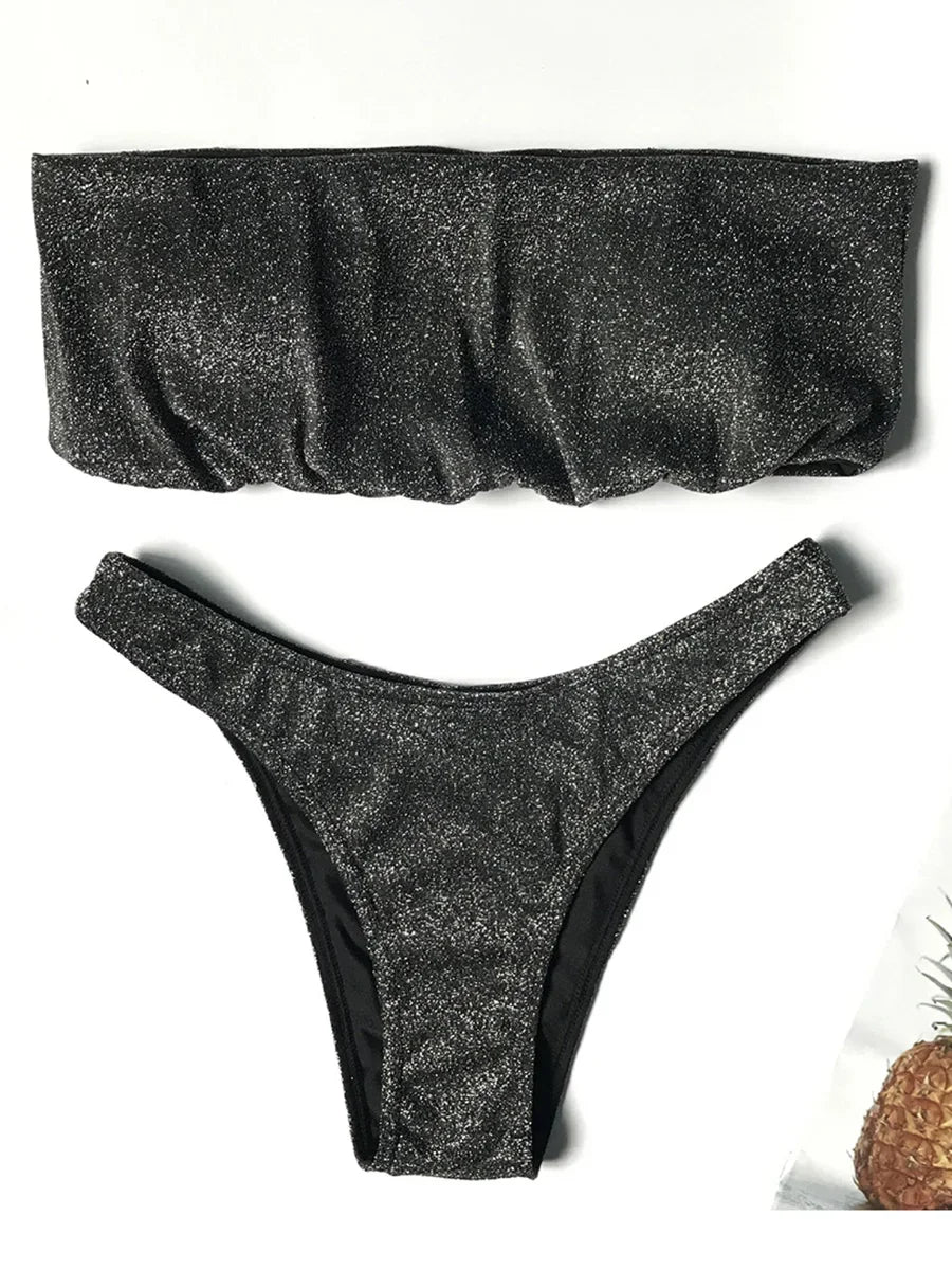 Sexy Sparkling Shiny Ribbed Bandeau Bikini