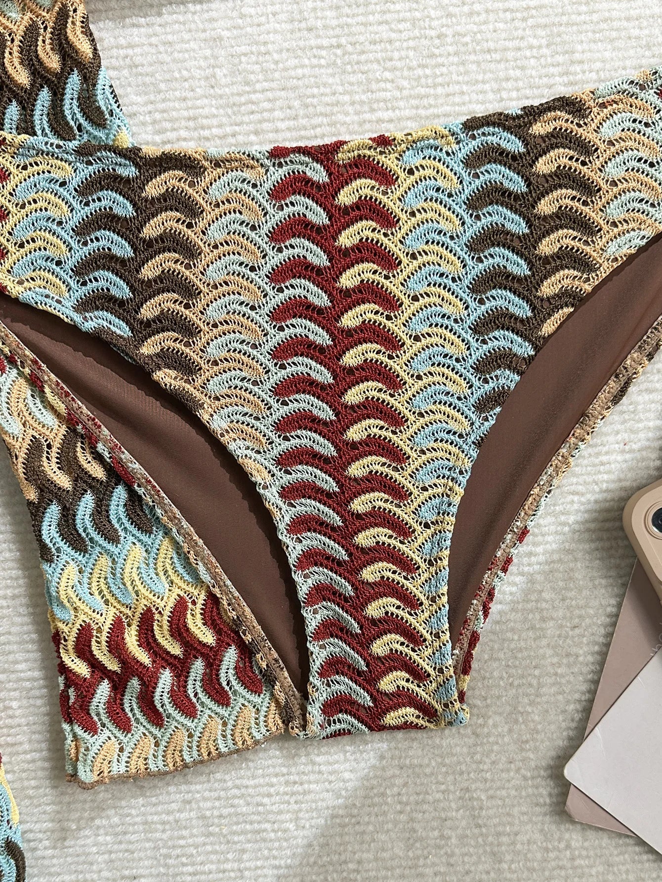 Vintage Coffee Striped Long Sleeve Dress 3 Piece Bikini Set