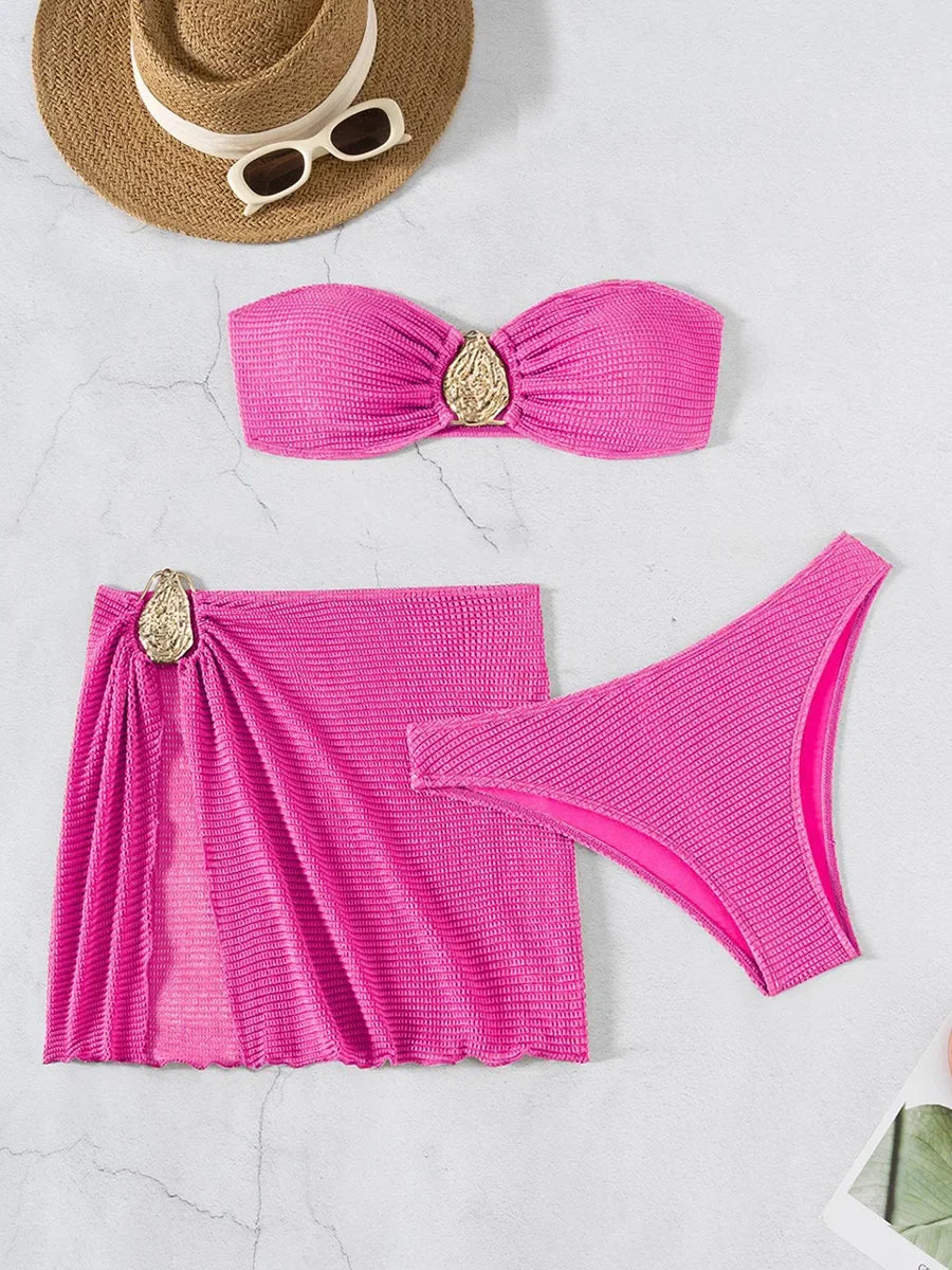 With Skirt Wrinkled Bandeau Bikini