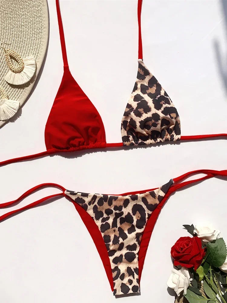 Halter Splicing Leopard Satin Bikini