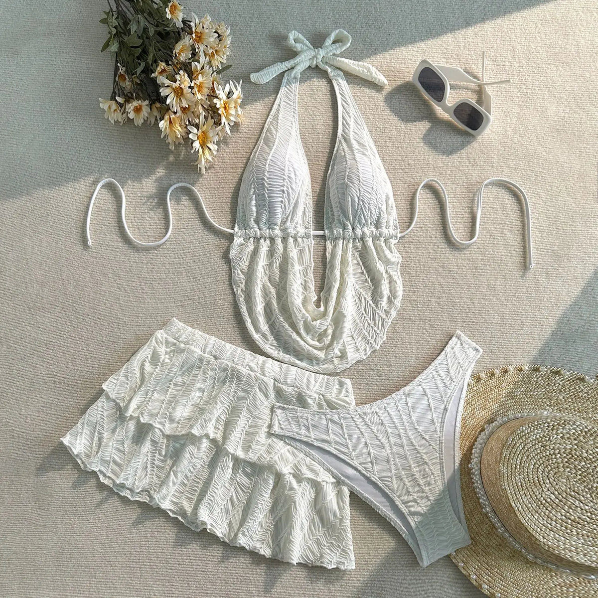 3PC with Skirt Wrinkled Halter Tankini Bikini