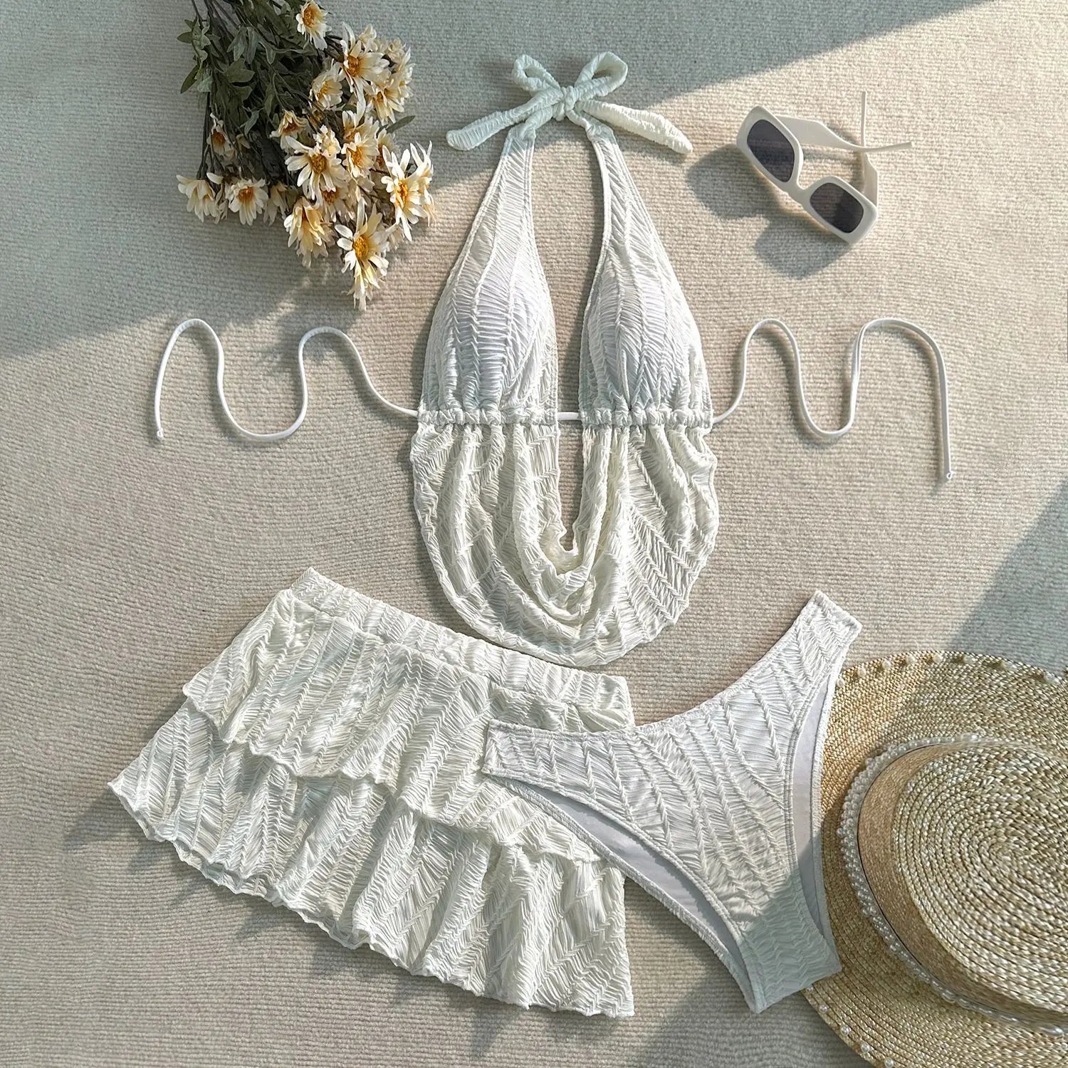 3PC with Skirt Wrinkled Halter Tankini Bikini