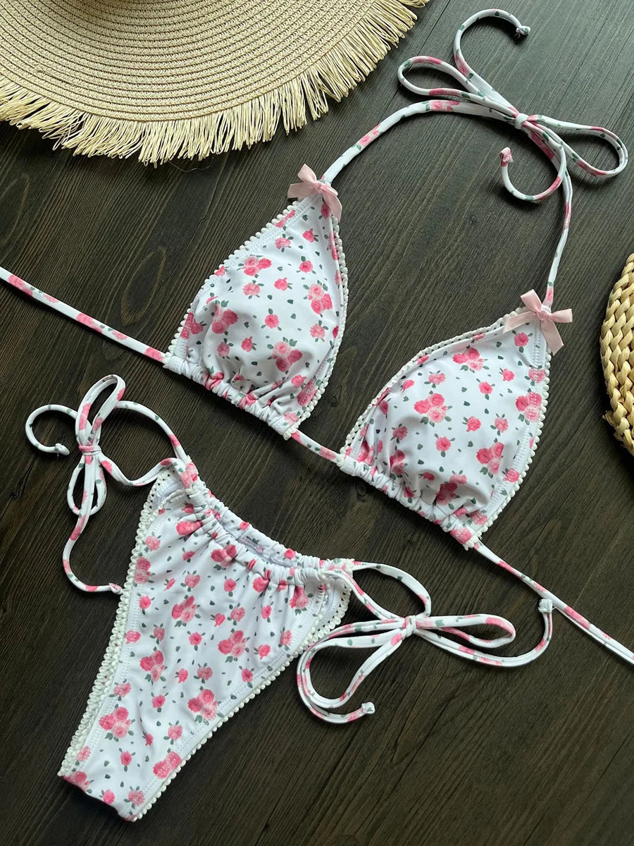 Floral Print Halter Strappy Bikini