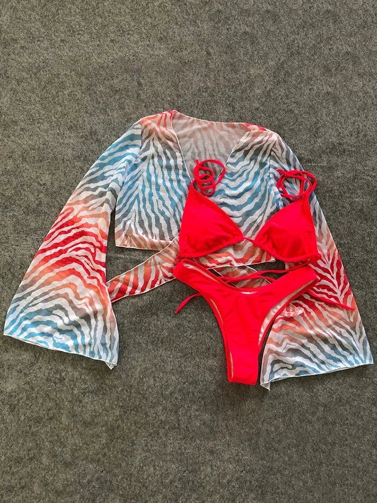 Marble Printed Mesh Long Sleeve Bikini