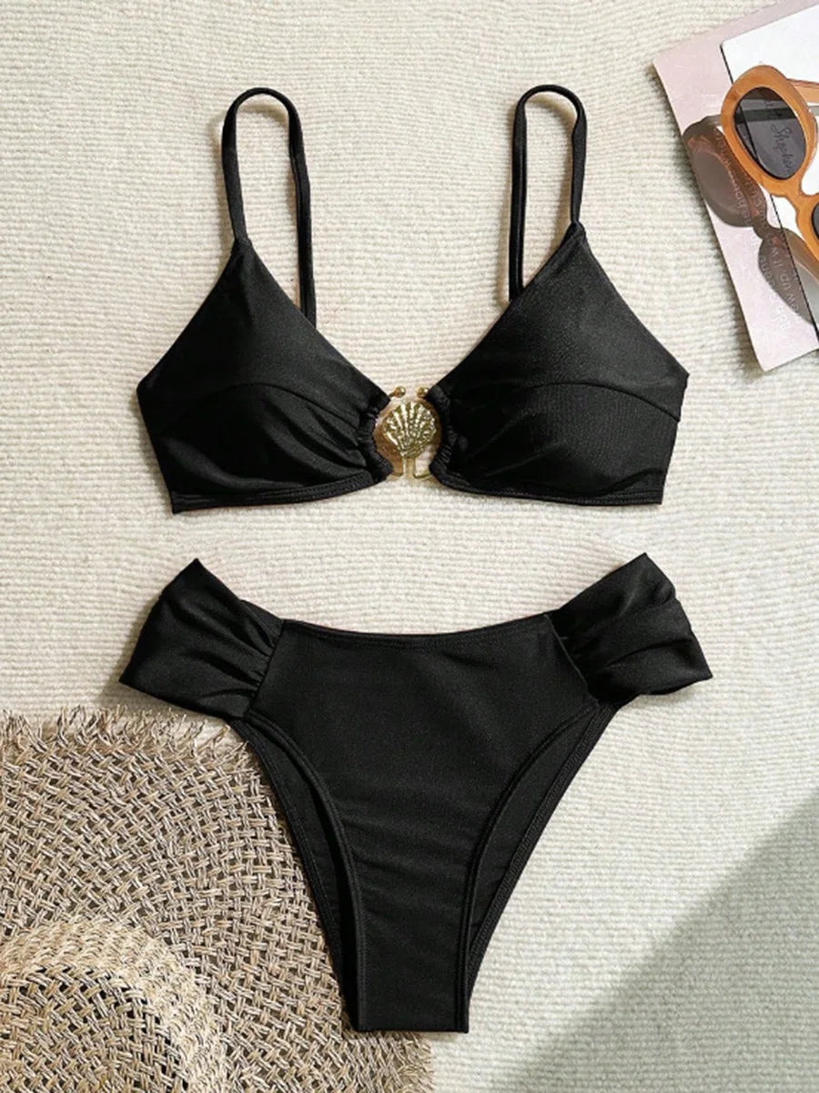 S - XL Metal Shell Halter Female Swimsuit