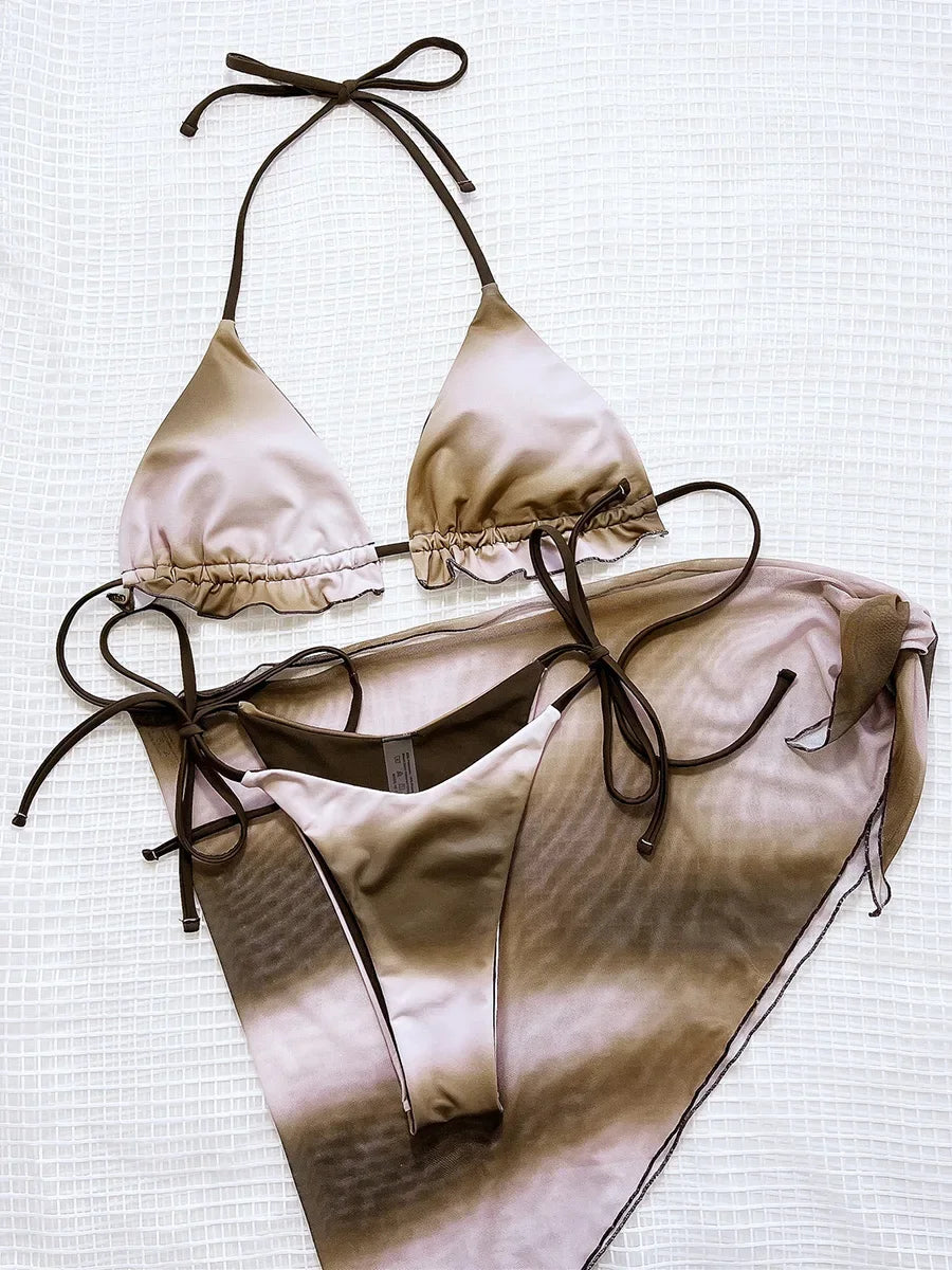 With Sarong Halter Ruffled Tie Dye Bikini