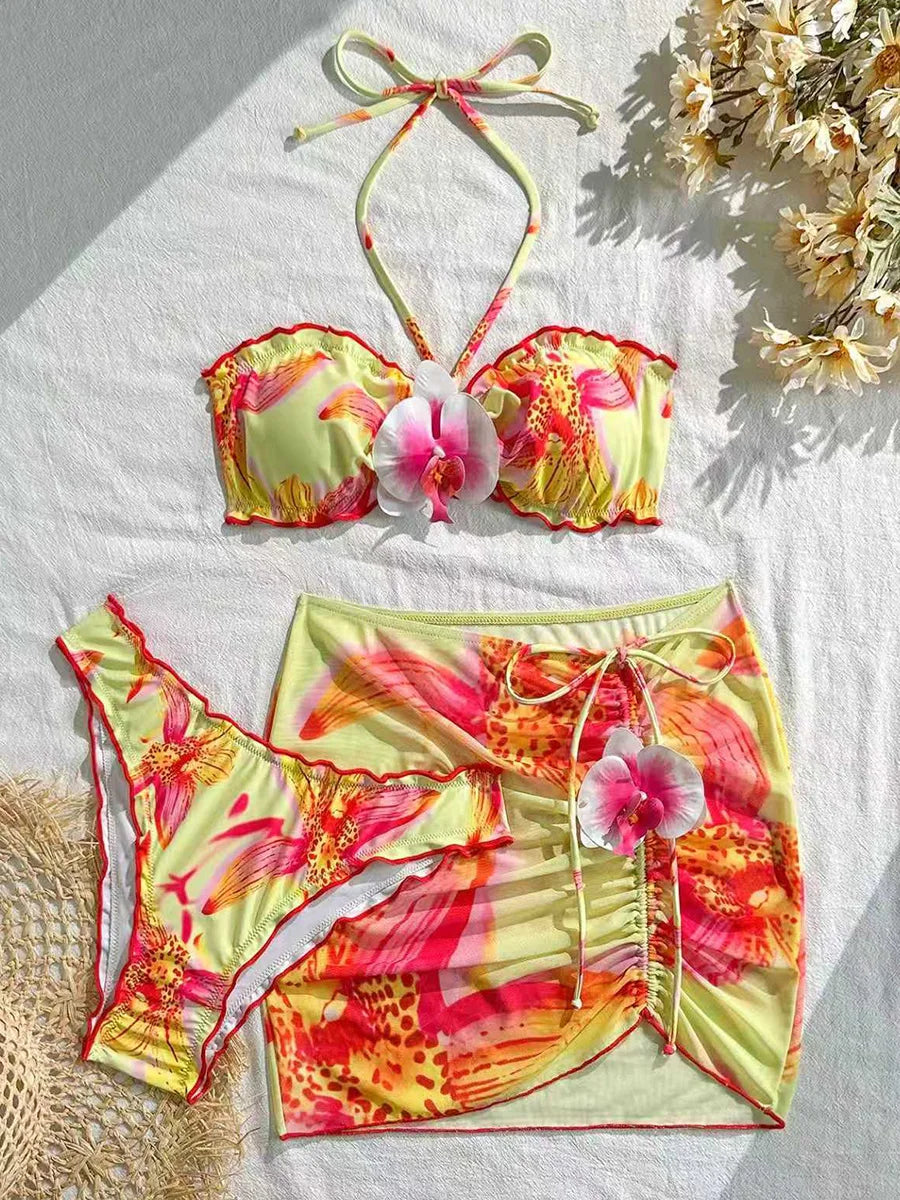 3D Flowers with Mesh Skirt Halter Bandeau Bikini